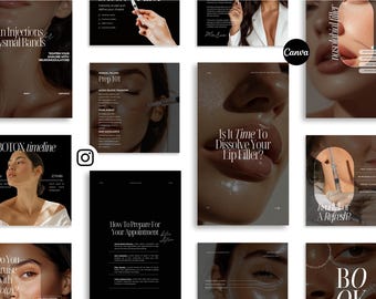 Può includere: Una raccolta di grafiche per i social media di una clinica estetica. Le grafiche presentano immagini di volti e testo su Botox, filler labbra e altre procedure estetiche. Le grafiche sono progettate per essere accattivanti e informative.