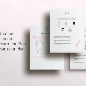 May include: Three printable documents with instructions for Botox and filler aftercare. The documents feature illustrations of a face, a syringe, and lips.