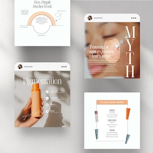 Op de afbeelding: Vier Instagram-achtige afbeeldingen met informatie over huidverzorging. De eerste afbeelding toont een diagram dat uitlegt hoe puistpleisters werken. De tweede afbeelding toont een close-up van een gezicht met de tekst "Zonnen & blootstelling aan de zon maakt acne schoon" en het woord "MYTHE" in grote letters. De derde afbeelding toont een flesje huidverzorgingsproduct met het woord "Pigmentatie" erboven. De vierde afbeelding toont een lijst met huidverzorgingsproducten met de kop "Clear Skin Menu".