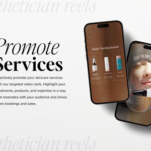 以下が含まれることがあります： エステティシャンのソーシャルメディアコンテンツの例を示すスマートフォン画面が2つあります。最初の画面は、3つのスキンケア製品を使用したシンプルな朝のルーティンを示しています。2番目の画面は、ニキビのフェイシャルを受けている人を示しています。