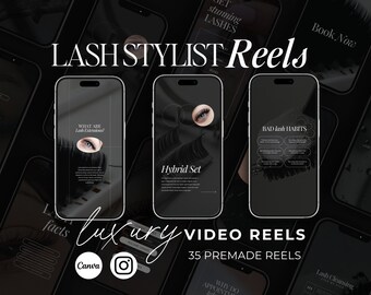 May include: A collection of 35 premade video reels for lash stylists. The reels feature black and white graphics with text such as "What are lash extensions?" and "Hybrid Set". The reels are designed to be used on social media platforms like Instagram and TikTok.
