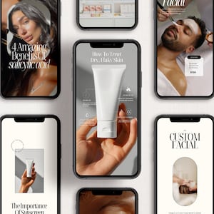 以下が含まれることがあります： スキンケアと美容のさまざまなサービスを表示する9つのスマートフォン画面。画面には、スキンケア製品、フェイシャル、サリチル酸、乾燥肌、日焼け止め、カスタムフェイシャルに関するテキストが表示されています。