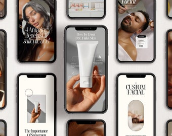 May include: Nine smartphone screens displaying various skincare and beauty services. The screens feature images of skincare products, facials, and text about salicylic acid, dry skin, sunscreen, and custom facials.