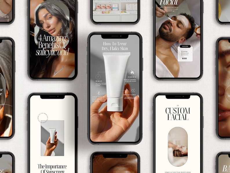 以下が含まれることがあります： スキンケアと美容のさまざまなサービスを表示する9つのスマートフォン画面。画面には、スキンケア製品、フェイシャル、サリチル酸、乾燥肌、日焼け止め、カスタムフェイシャルに関するテキストが表示されています。