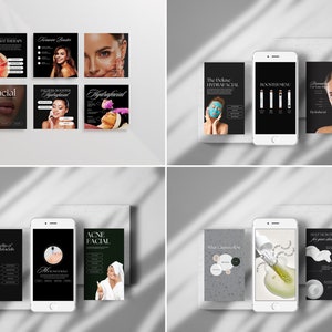 May include: A collage of eight images showcasing different facial treatments offered by a beauty salon. The images feature close-ups of models receiving treatments, product descriptions, and the names of the treatments, such as "Hydrafacial", "Acne Facial", and "The Deluxe Hydrafacial".