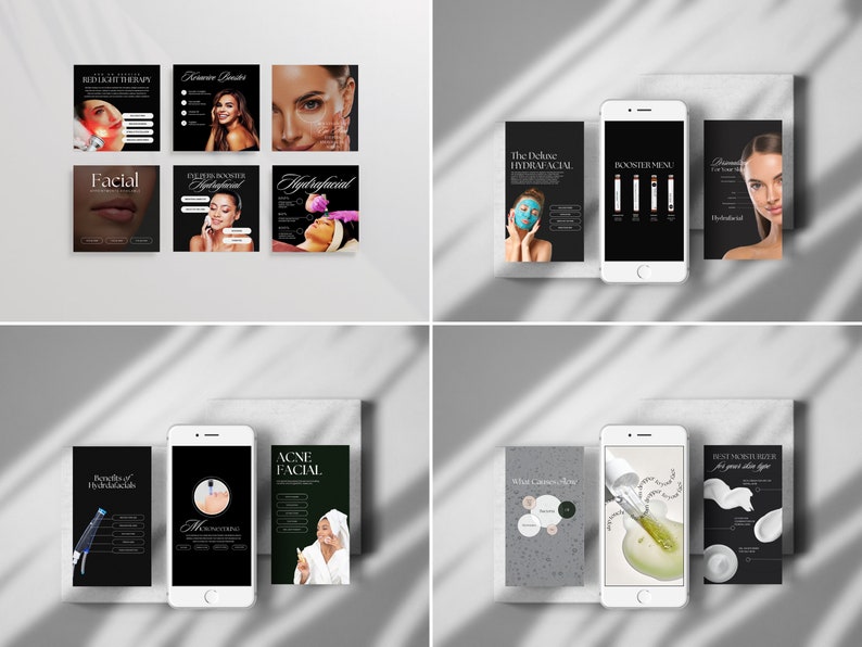 May include: A collage of eight images showcasing different facial treatments offered by a beauty salon. The images feature close-ups of models receiving treatments, product descriptions, and the names of the treatments, such as "Hydrafacial", "Acne Facial", and "The Deluxe Hydrafacial".