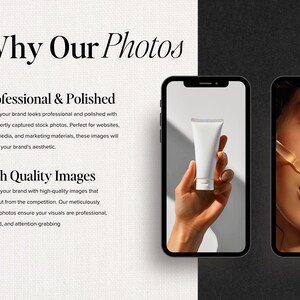 Peut inclure: Deux &eacute;crans de smartphone affichant des photos de produits de haute qualit&eacute;. Le premier &eacute;cran montre une main tenant un tube de cr&egrave;me blanc. Le deuxi&egrave;me &eacute;cran montre le visage d'une personne avec un compte-gouttes de liquide appliqu&eacute; sur ses l&egrave;vres.