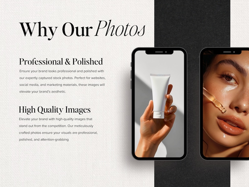 Peut inclure: Deux &eacute;crans de smartphone affichant des photos de produits de haute qualit&eacute;. Le premier &eacute;cran montre une main tenant un tube de cr&egrave;me blanc. Le deuxi&egrave;me &eacute;cran montre le visage d'une personne avec un compte-gouttes de liquide appliqu&eacute; sur ses l&egrave;vres.