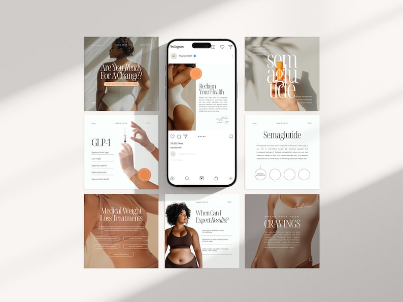 May include: A collage of Instagram posts about medical weight loss treatments. The posts feature text about GLP-1, Semaglutide, and reclaiming your health. One post shows a person holding a bottle of medication. Another post shows a person getting an injection. The posts are designed to be informative and engaging.