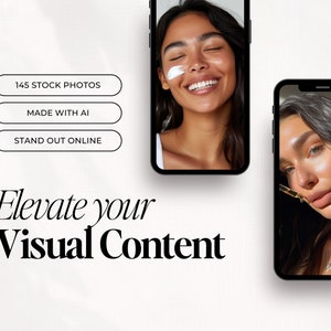 Peut inclure: Deux &eacute;crans de smartphone affichant des images de femmes &agrave; la peau &eacute;clatante. Le texte sur l'&eacute;cran indique "145 photos de stock", "Cr&eacute;&eacute; avec l'IA" et "Se d&eacute;marquer en ligne". Le texte sous les &eacute;crans indique "Rehaussez votre contenu visuel".
