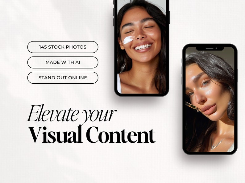 Peut inclure: Deux &eacute;crans de smartphone affichant des images de femmes &agrave; la peau &eacute;clatante. Le texte sur l'&eacute;cran indique "145 photos de stock", "Cr&eacute;&eacute; avec l'IA" et "Se d&eacute;marquer en ligne". Le texte sous les &eacute;crans indique "Rehaussez votre contenu visuel".