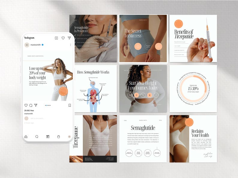 May include: A social media post promoting weight loss with Semaglutide and Tirzepatide. The post includes images of people, charts, and text about the benefits of these medications. The text includes the phrase "Lose up to 20% of your body weight".