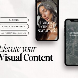 以下が含まれることがあります： 3つのスマートフォン画面に異なるコンテンツが表示されています。最初の画面には、女性が写っており、「4 Amazing Benefits Of Salicylic Acid」というキャプションが表示されています。2番目の画面には、「Understanding the Evolution of Acne」というキャプションと、ニキビの異なる段階を表す円形のグラフィックが表示されています。3番目の画面には、「44 Reels, Fully Customizable, All Photos/Videos Included」というキャプションが表示されています。「Elevate your Visual Content」というテキストが画面の下に表示されています。