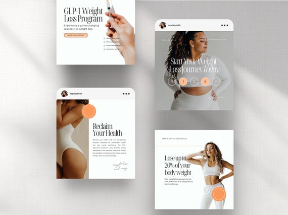 Weight Loss Instagram Templates: Semaglutide, Tirzepatide, GLP-1 (Canva Editable)