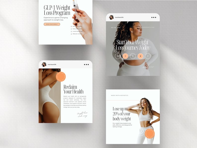 May include: Four social media posts promoting a weight loss program. The posts feature images of women in white clothing and text that reads "GLP-1 Weight Loss Program", "Reclaim Your Health", "Start Your Weight Loss Journey Today", and "Lose up to 20% of your body weight".