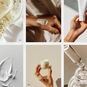 Peut inclure: Un ensemble de six images pr&eacute;sentant diff&eacute;rents produits de soin de la peau. Les images pr&eacute;sentent un flacon en verre transparent avec un compte-gouttes, un tube de cr&egrave;me blanc, un pot de cr&egrave;me blanc, une cr&egrave;me blanche appliqu&eacute;e sur une main, un &eacute;chantillon de cr&egrave;me blanche et un flacon en verre transparent avec un compte-gouttes utilis&eacute; pour distribuer du liquide.
