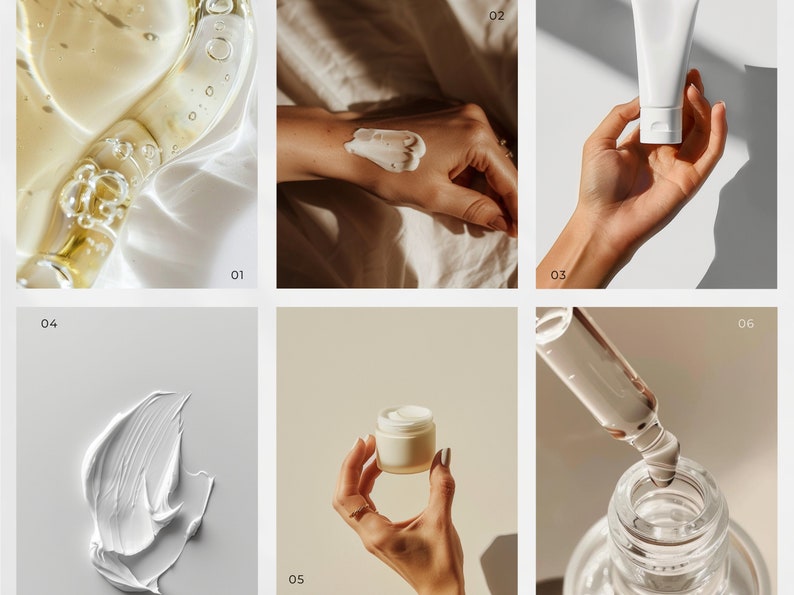 Peut inclure: Un ensemble de six images pr&eacute;sentant diff&eacute;rents produits de soin de la peau. Les images pr&eacute;sentent un flacon en verre transparent avec un compte-gouttes, un tube de cr&egrave;me blanc, un pot de cr&egrave;me blanc, une cr&egrave;me blanche appliqu&eacute;e sur une main, un &eacute;chantillon de cr&egrave;me blanche et un flacon en verre transparent avec un compte-gouttes utilis&eacute; pour distribuer du liquide.