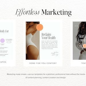 May include: A digital marketing template for health and wellness businesses. The template features three sections: "How You Lose Body Fat" with charts and graphs, "Reclaim Your Health" with a text-based description, and "Start Your Weight Loss Journey Today" with a woman in workout clothes and a graphic with the letters M, J, W, and R.