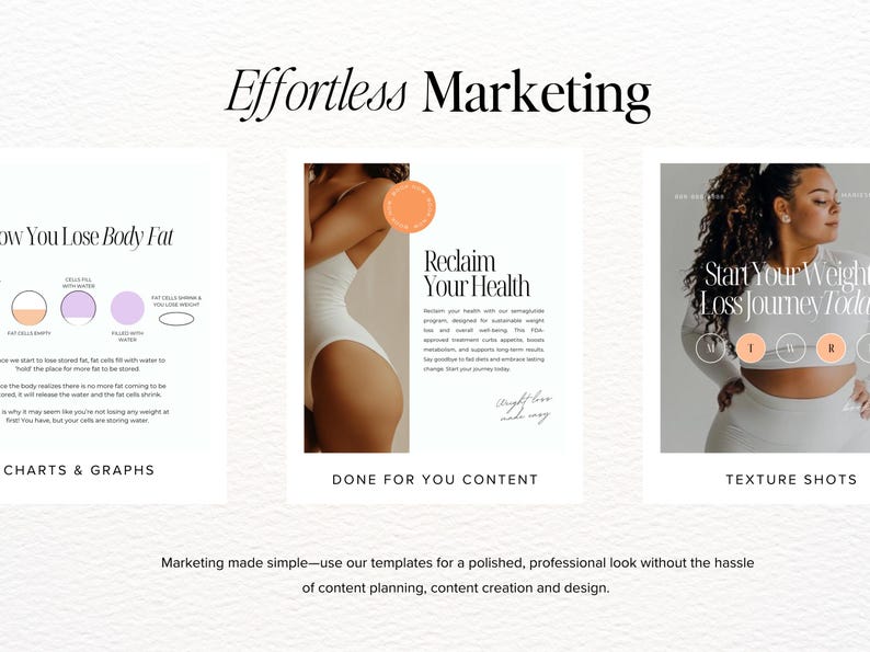 May include: A digital marketing template for health and wellness businesses. The template features three sections: "How You Lose Body Fat" with charts and graphs, "Reclaim Your Health" with a text-based description, and "Start Your Weight Loss Journey Today" with a woman in workout clothes and a graphic with the letters M, J, W, and R.