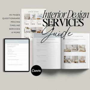 May include: A guide for interior design services with a blue and white cover. The guide includes 45 pages of questionnaires, pricing, timelines, services, and more. The guide is open to a page titled "Concept Direction" with a section for creating a style guide, mood board, and inspiration.