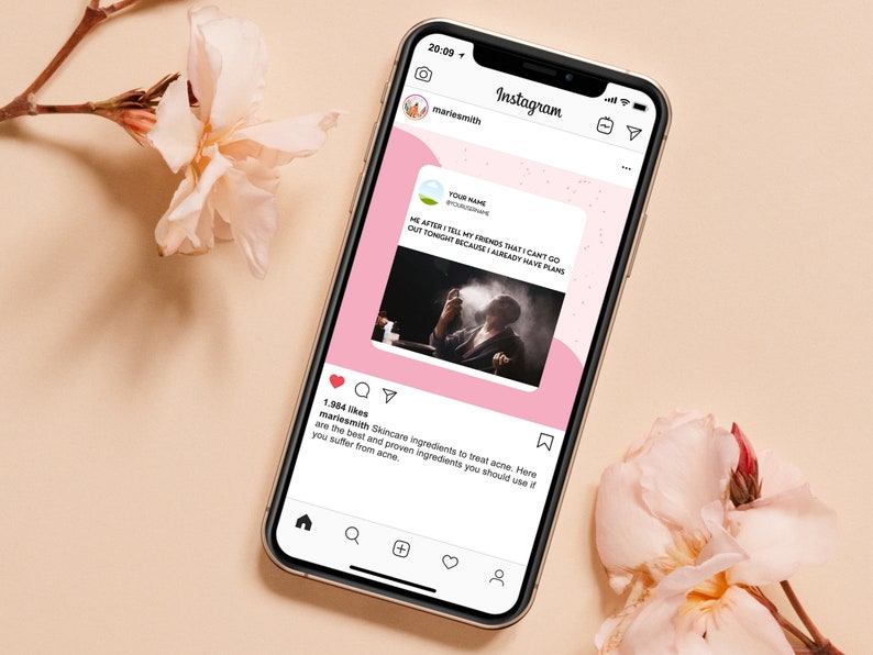 Peut inclure: Un post Instagram rose et blanc avec une photo d'une personne fumant une cigarette. Le texte dit "Moi apr&egrave;s avoir dit &agrave; mes amis que je ne peux pas sortir ce soir parce que j'ai d&eacute;j&agrave; des plans". Le post comprend &eacute;galement une l&eacute;gende sur les ingr&eacute;dients de soin de la peau pour traiter l'acn&eacute;.