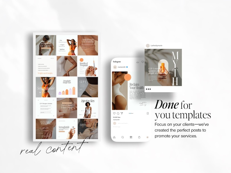 May include: A collection of Instagram post templates for a beauty or wellness business. The templates feature images of models, product shots, and text overlays. The text includes phrases like "Reclaim Your Health" and "Myth".