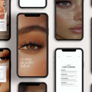 以下が含まれることがあります： まつげエクステを紹介する画像のコラージュ。画像には、さまざまなまつげスタイルの目のクローズアップと、まつげエクステの利点や完璧なまつげセットの作成方法に関するテキストが掲載されています。