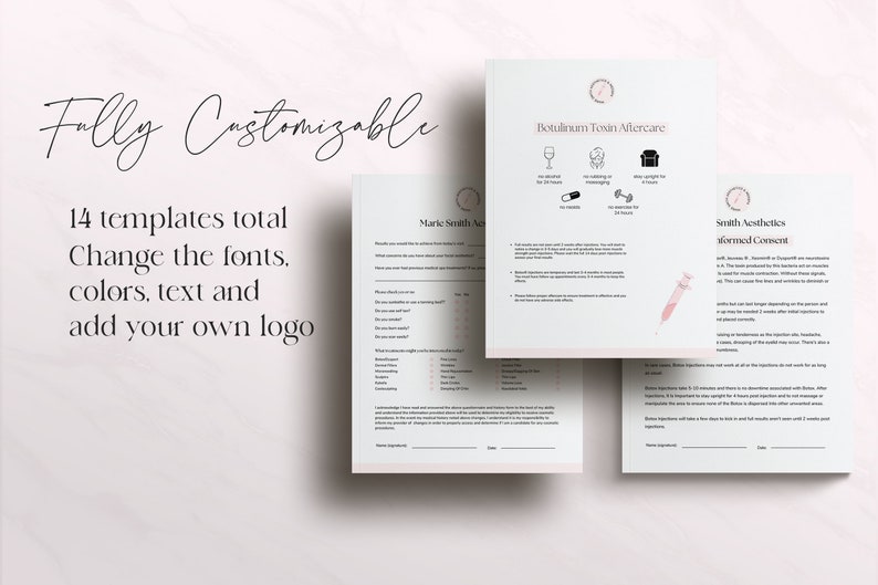 May include: A set of three customizable printable templates for a beauty business. The templates are for a botulinum toxin aftercare guide, a medical history form, and an informed consent form. The templates are in a light green color with pink accents and a simple floral design.