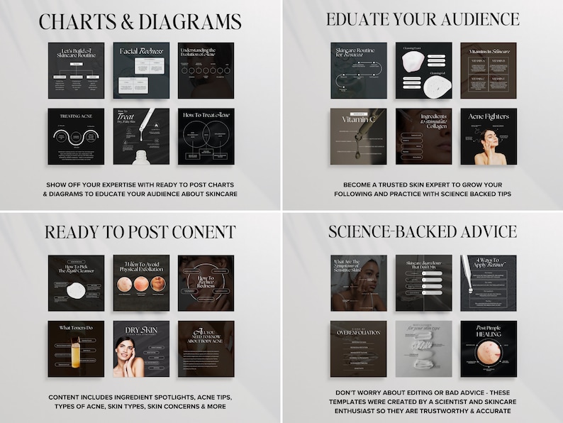 May include: A collage of nine black and white images with text and illustrations related to skincare. The images include charts, diagrams, and advice on topics such as building a skincare routine, treating acne, understanding the evolution of acne, managing routine for sensitive skin, vitamins in skincare, ingredients that boost collagen, acne fighters, how to avoid physical exfoliation, what toners do, dry skin, how to treat redness, what are the ingredients in sunscreen, skincare routine that works, 4 ways to apply sunscreen, over exfoliation, for your eyes, and how people heal.