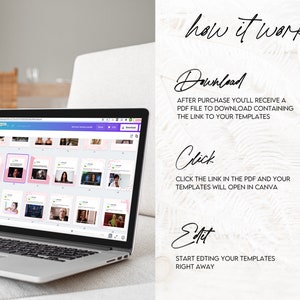 Peut inclure: Un ordinateur portable affichant une page web avec une grille de mod&egrave;les de publication sur les r&eacute;seaux sociaux. Le texte "how it works" est &eacute;crit en cursive noire sur un fond en bois blanc. Le texte "Download" est &eacute;crit en cursive noire avec un soulignement rose. Le texte "Click" est &eacute;crit en cursive noire avec un soulignement rose. Le texte "Edit" est &eacute;crit en cursive noire avec un soulignement rose. Le texte "AFTER PURCHASE YOU'LL RECEIVE A PDF FILE TO DOWNLOAD CONTAINING THE LINK TO YOUR TEMPLATES" est &eacute;crit en noir. Le texte "CLICK THE LINK IN THE PDF AND YOUR TEMPLATES WILL OPEN IN CANVA" est &eacute;crit en noir. Le texte "START EDTING YOUR TEMPLATES RIGHT AWAY" est &eacute;crit en noir.