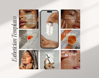 Plantillas para publicaciones de Instagram sobre cuidado de la piel, redes sociales para esteticistas (Canva)