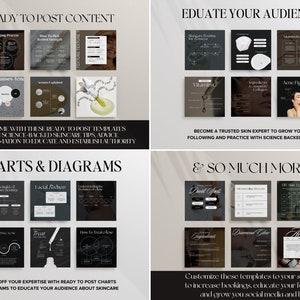 May include: A collage of images showing different types of social media posts for skincare businesses. The images include charts, diagrams, and text-based posts. The text on the images includes phrases like "Ready to Post Content", "Educate Your Audience", "Charts & Diagrams", and "& So Much More!"