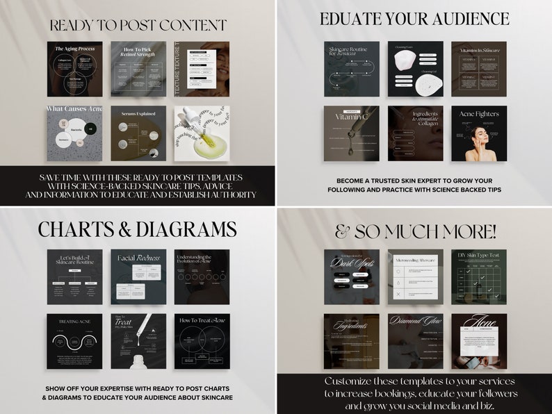 May include: A collage of images showing different types of social media posts for skincare businesses. The images include charts, diagrams, and text-based posts. The text on the images includes phrases like "Ready to Post Content", "Educate Your Audience", "Charts & Diagrams", and "& So Much More!"