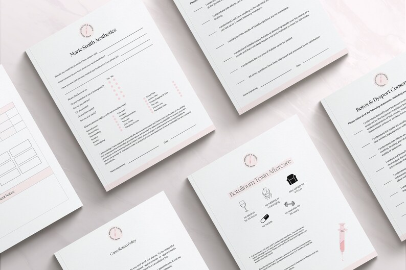 May include: Four white sheets of paper with black text and pink accents. The sheets are titled "Mark Smith Aesthetics", "Cancellation Policy", "Botulinum Toxin Aftercare", and "Botox & Dysport Consent".