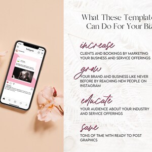 Peut inclure: Un graphique rose et blanc avec le texte "What These Templates Can Do For Your Biz" et quatre mots roses : "increase", "grow", "educate" et "save". Chaque mot est suivi d'une description de la fa&ccedil;on dont ces mod&egrave;les peuvent aider une entreprise.