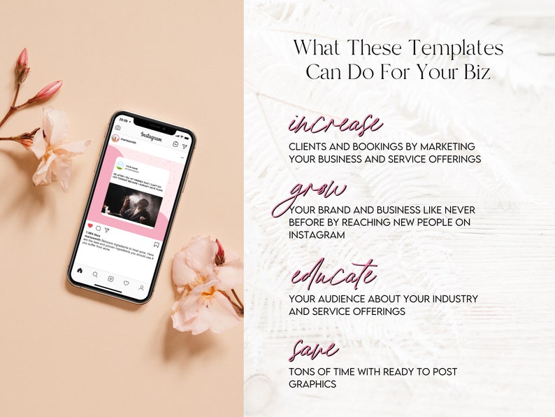 Peut inclure: Un graphique rose et blanc avec le texte "What These Templates Can Do For Your Biz" et quatre mots roses : "increase", "grow", "educate" et "save". Chaque mot est suivi d'une description de la fa&ccedil;on dont ces mod&egrave;les peuvent aider une entreprise.