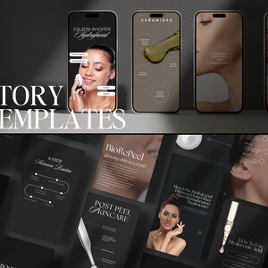 May include: A collection of social media story templates for a skincare brand. The templates feature images of models with different skincare products and text about the products and their benefits. The text includes "Eye Perk Booster Hydrafacial", "Ceramides", "BioRePeel", "Post Peel Kincare", "6 Step Skincare Routine", "How is the Hydrafacial Different from Other Microdermabrasion Treatments?", "Cleanse for 60 Seconds", and "How to Use Hyaluronic Acid".