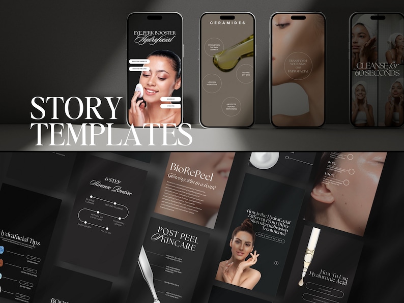 May include: A collection of social media story templates for a skincare brand. The templates feature images of models with different skincare products and text about the products and their benefits. The text includes "Eye Perk Booster Hydrafacial", "Ceramides", "BioRePeel", "Post Peel Kincare", "6 Step Skincare Routine", "How is the Hydrafacial Different from Other Microdermabrasion Treatments?", "Cleanse for 60 Seconds", and "How to Use Hyaluronic Acid".