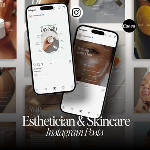 May include: Instagram posts promoting esthetician and skincare services. The posts feature images with text about dry skin, retinol tips, and skin barrier repair. The Canva logo is visible.