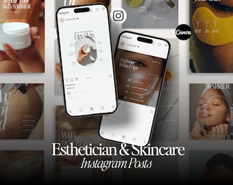 May include: Instagram posts promoting esthetician and skincare services. The posts feature images with text about dry skin, retinol tips, and skin barrier repair. The Canva logo is visible.