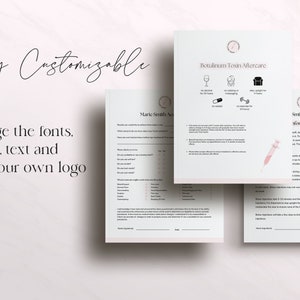 May include: Three customizable forms for a beauty business. The forms are titled "Marie Smith Aesthetics", "Botulinum Toxin Aftercare", and "Smith Aesthetics Informed Consent". The forms are on a light green background with pink accents.