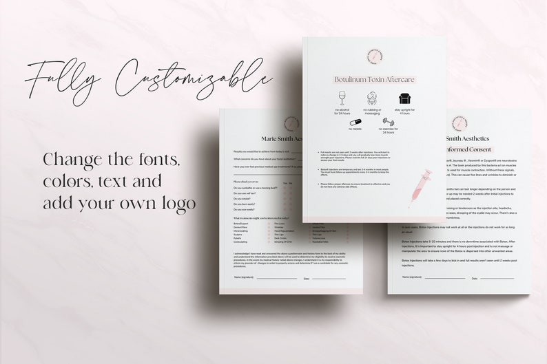 May include: Three customizable forms for a beauty business. The forms are titled "Marie Smith Aesthetics", "Botulinum Toxin Aftercare", and "Smith Aesthetics Informed Consent". The forms are on a light green background with pink accents.