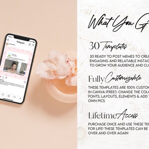 Peut inclure: Un fond floral rose et blanc avec un texte blanc superpos&eacute; qui dit "What You Get". Le texte est suivi d'une liste de fonctionnalit&eacute;s&nbsp;: 30 mod&egrave;les, enti&egrave;rement personnalisables et acc&egrave;s &agrave; vie. Le texte d&eacute;crit un ensemble de 30 mod&egrave;les de m&egrave;mes Instagram enti&egrave;rement personnalisables et utilisables &agrave; vie.
