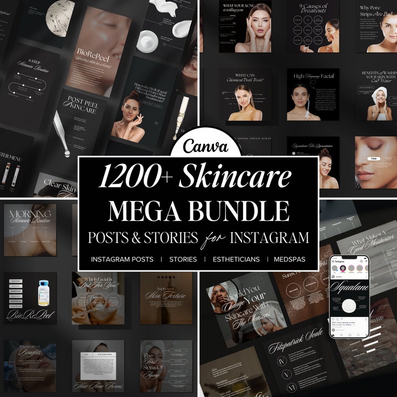 May include: A collage of black and white images promoting skincare products and services. The images feature models with flawless skin and text about different skincare treatments. The text includes phrases like "BioRePeel", "Post Peel Skincare", "Clear Skin", "Morning Routine", "Fitzpatrick Scale", "Squalane", and "What Makes a Good Moisturizer". The collage is titled "1200+ Skincare Mega Bundle Posts & Stories for Instagram".