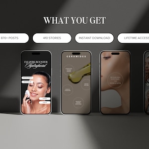 May include: Four smartphone screens showing different skincare products and treatments. The screens show images of a woman's face, a product bottle, and text that reads "Eye Perk Booster Hydrafacial", "Ceramides", "Hydrate Your Skin", and "Cleanse for 60 Seconds".