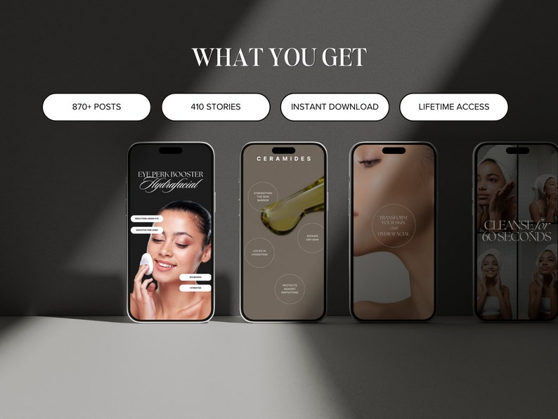 May include: Four smartphone screens showing different skincare products and treatments. The screens show images of a woman's face, a product bottle, and text that reads "Eye Perk Booster Hydrafacial", "Ceramides", "Hydrate Your Skin", and "Cleanse for 60 Seconds".