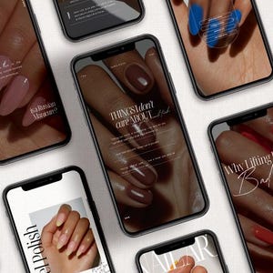 May include: Multiple smartphones displaying various nail care educational content. Screens feature close-up photography of manicured hands with diverse nail polish colours including pink, blue, brown, red, and yellow, alongside text overlays.