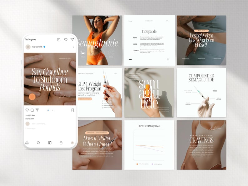May include: A collage of Instagram posts about weight loss with the text "Say Goodbye To Stubborn Pounds", "GLP-1 Weight Loss Program", "Semaglutide", "Tirzepatide", "Compounded Semaglutide", "Does It Matter Where I Inject?", "GLP-1 Cheat Weight Loss", and "Cravings".