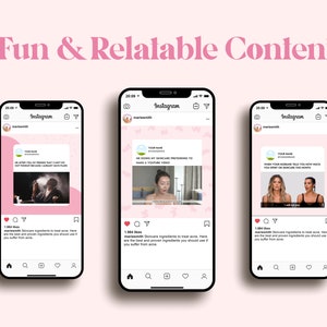 Peut inclure: Trois captures d'&eacute;cran de publications Instagram avec des arri&egrave;re-plans roses et du texte blanc. La premi&egrave;re publication montre une personne en robe tenant une tasse de th&eacute;. La deuxi&egrave;me publication montre une personne portant un masque facial. La troisi&egrave;me publication montre deux femmes debout c&ocirc;te &agrave; c&ocirc;te. Chaque publication comprend le texte "YOUR NAME", "INSTAGRAM" et "1&nbsp;884 J'aime".
