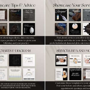 May include: A set of black and white Instagram post templates for skincare professionals. The templates feature text such as "Skincare Tips & Advice", "Showcase Your Services", "Charts & Diagrams", and "Services, BEA and More".
